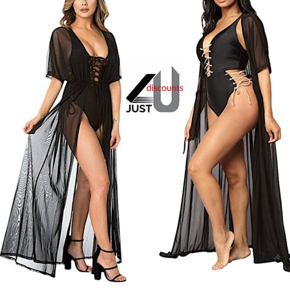 black long Plus Size Mesh Tie Front Duster robe - Picture 1 of 3